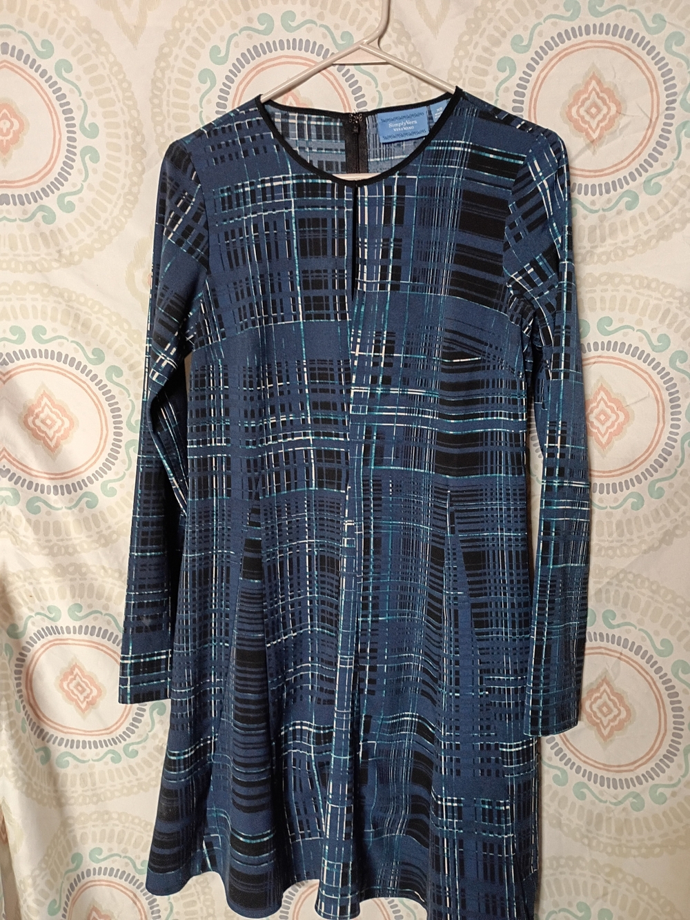 Blue Plaid Long-Sleeve A-Line Dress